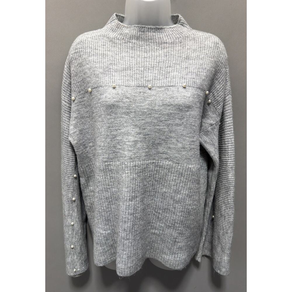 Red By Bke Faux Pearl Embellished Super Soft Mock Neck Knit Sweater Womens M